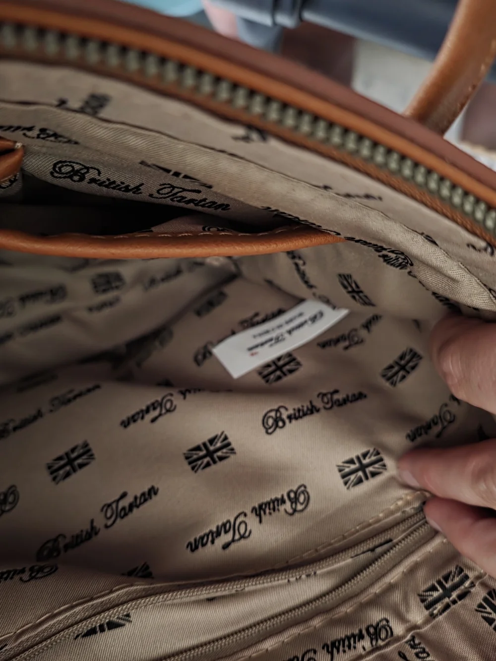 Beige Plaid Tote with Red Stripe and Brown Handles